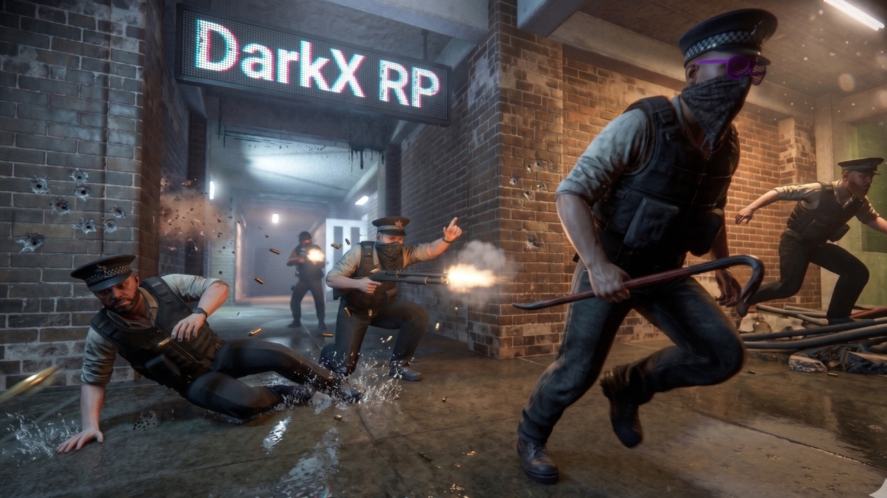 Aperçu du serveur DXRP DarkX RP sur S&Box — ville, métiers DarkRP et joueurs